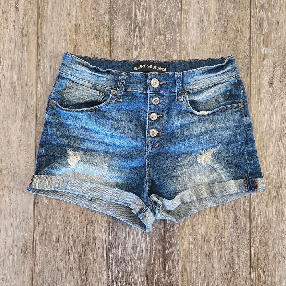 Express Distressed Button Fly High Waist Jean Shorts